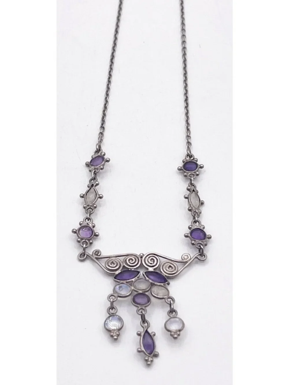 VTG Artisan 925 Sterling Silver Amethyst  & Moonstone Necklace Romantic Elegant